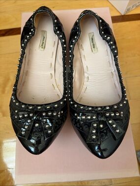 Miu Miu Black Patent Studded Bow Pointed Ballet Flats SIZE 37